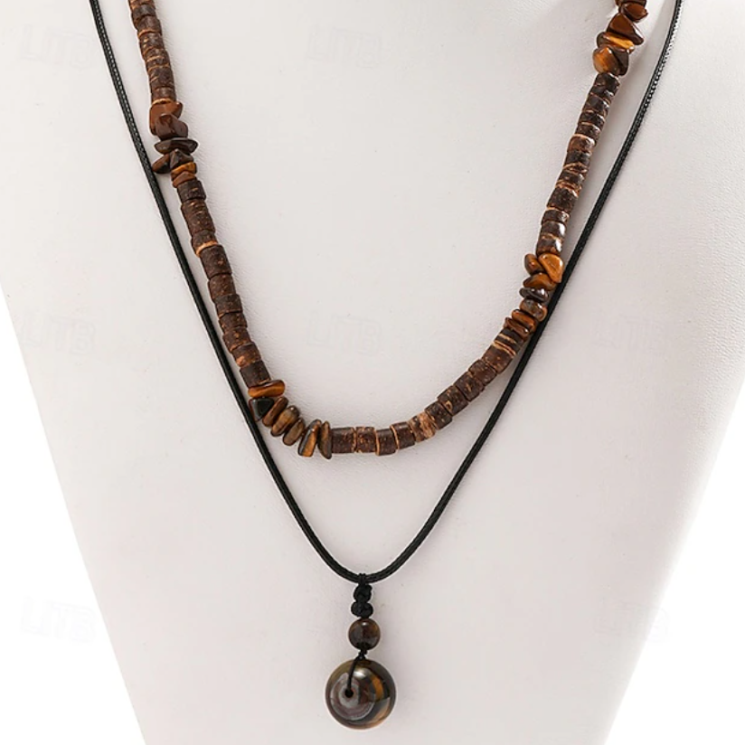 Boho gelaagde herenketting met houten kralen en hanger